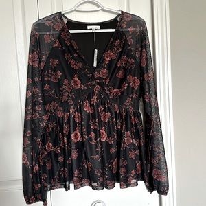 Maurices Black Floral Long-Sleeve Mesh Blouse with Dusty Rose Flowers